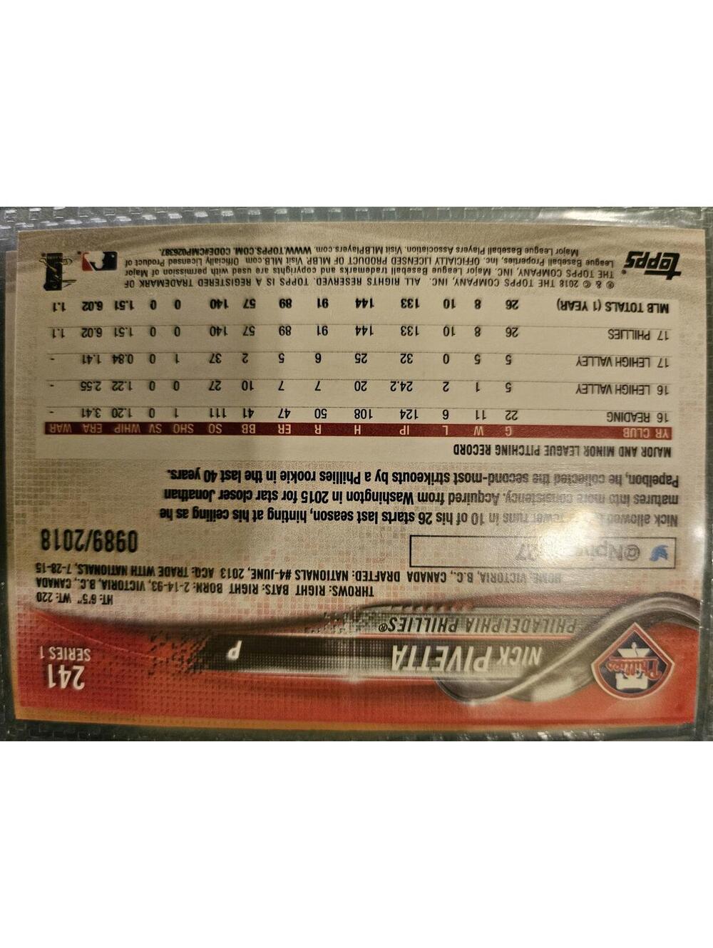 2018 Topps GOLD insert- Nick Pivetta - No.0989/2018  #241 - Phillies -RAW Mint - Picture 2 of 2